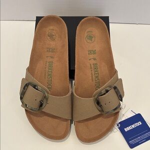 Birkenstock Madrid Big Buckle Vegan Slide Sandals in Faded Khaki